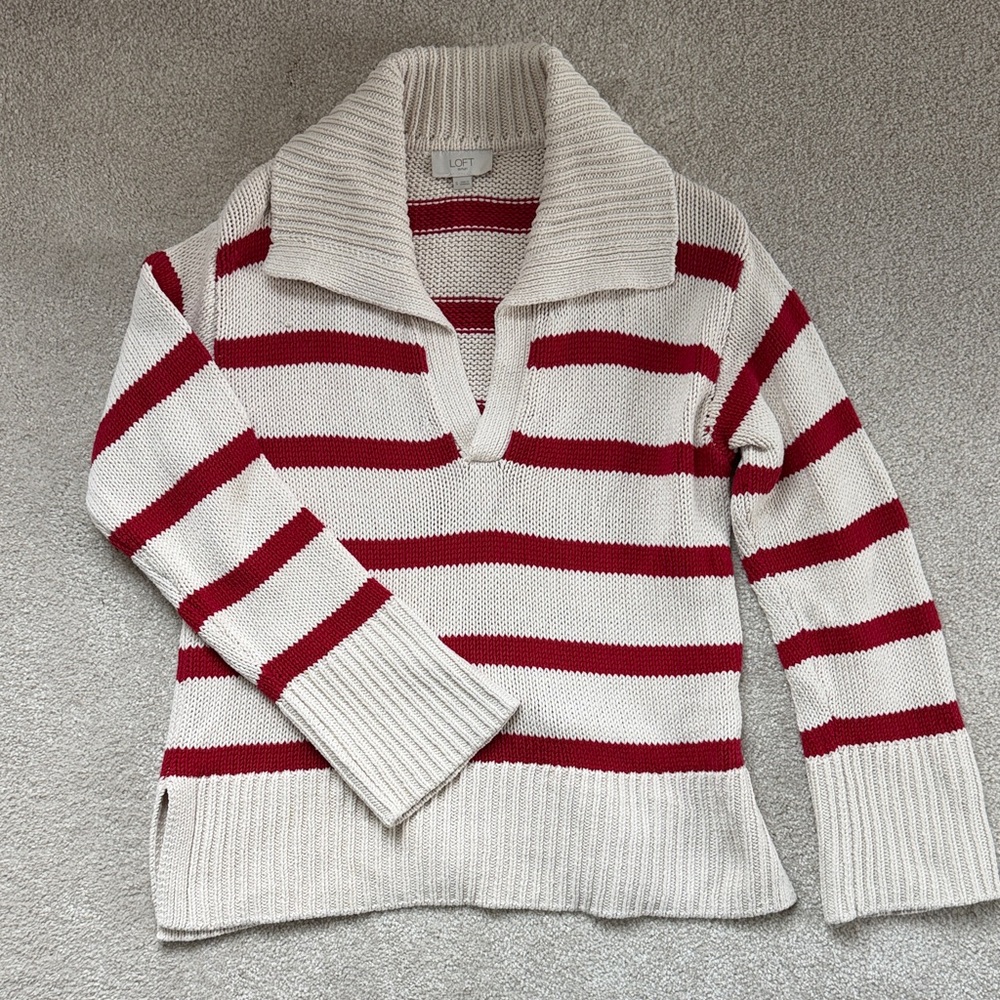 LOFT Cream and Red Striped V-Neck Sweater
